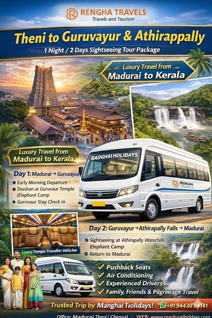 Theni to Guruvayur & Athirapally 1 Night / 2 Days Sightseeing Tour Package with force urbania 2026