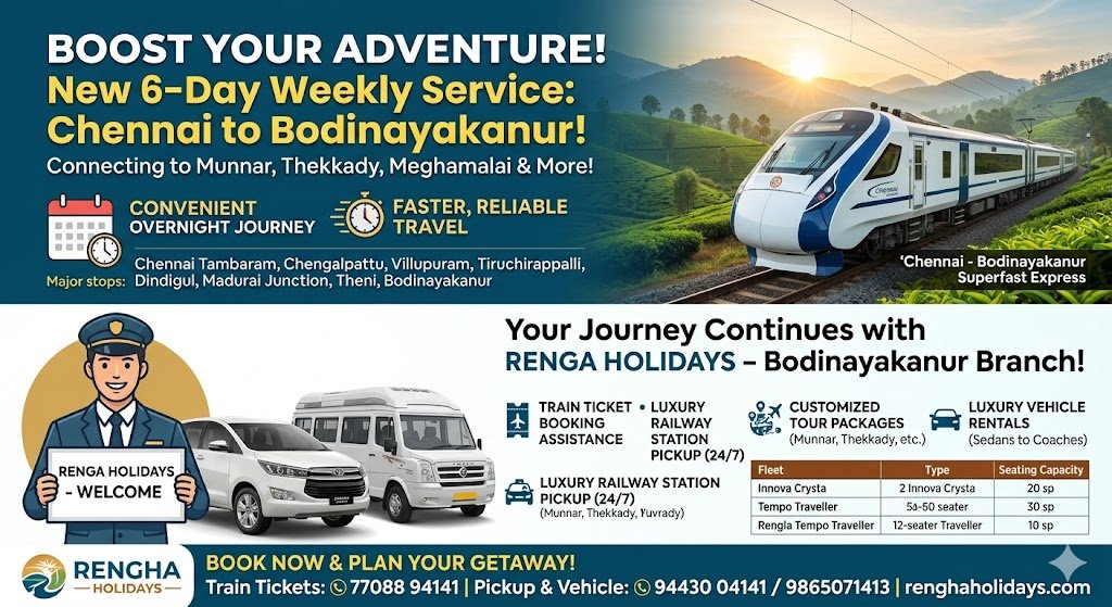 Chennai Tambaram Railway Station to Bodinayakanur Railway Station New Weekly 6 Day Superfast Express 2026 Train Timings Major Stops Luxury Pickup Travel Assistance